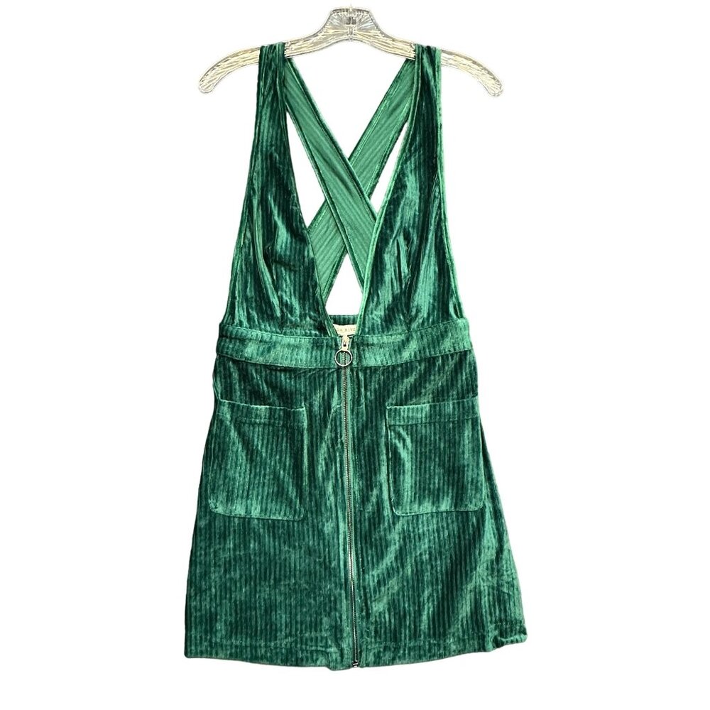 Moon River Green Velvet Jumper Dress Pockets & Cross Back Detail - Size Small